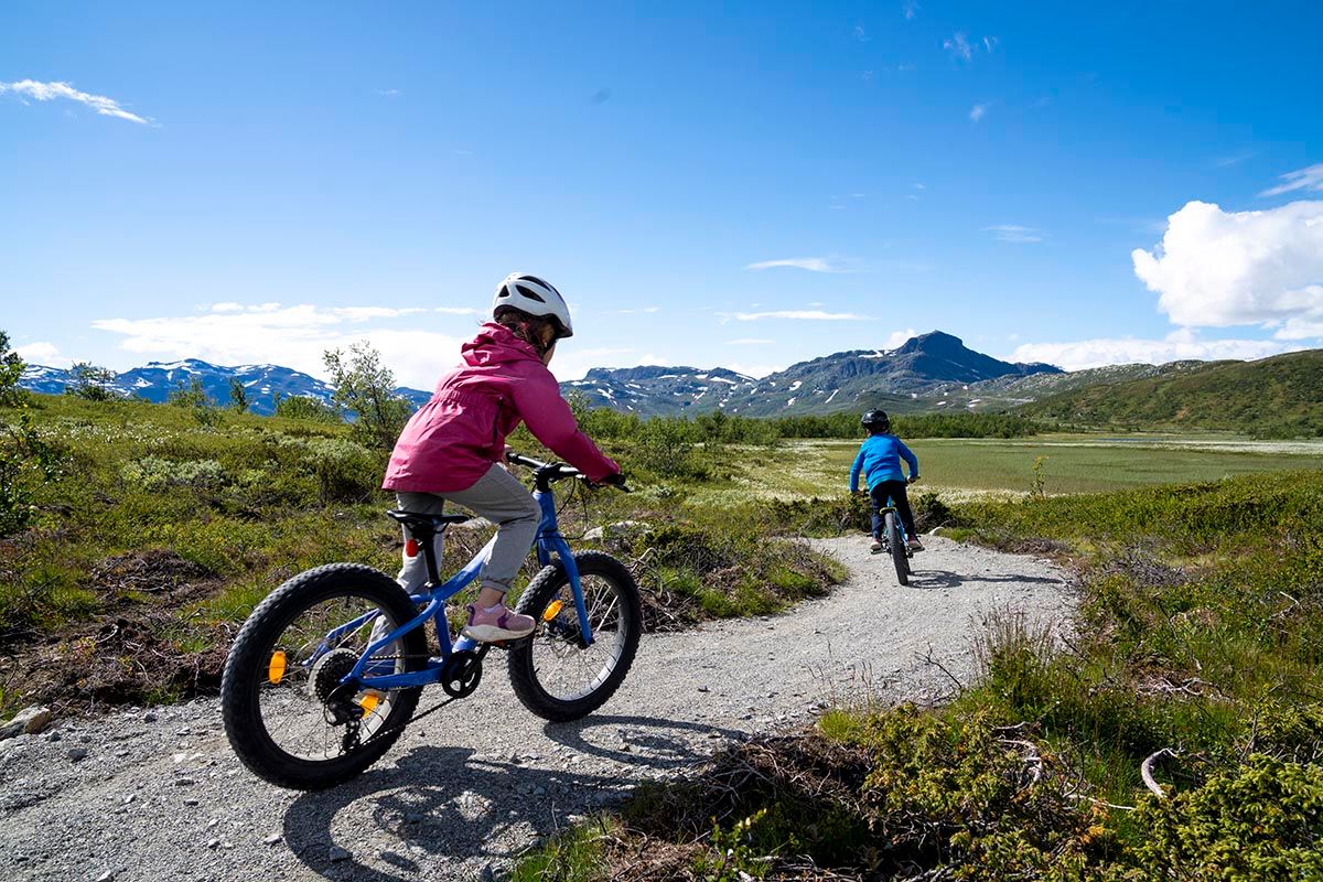 Barn som sykler i terrengsykkelløypa på Beitostølen. Flotte omgivelser med Bitihorn i bakgrunnen.