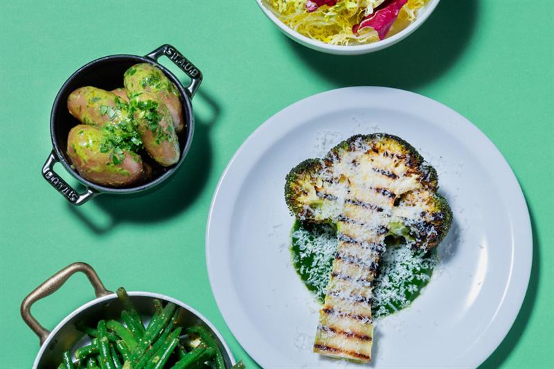 Charred broccoli and other side dishes