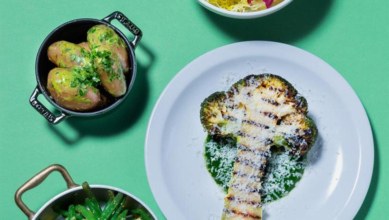 Charred broccoli and other side dishes