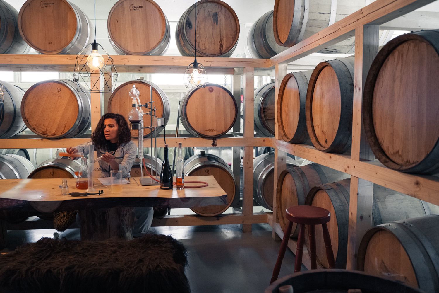 Smaking og arbeid med siderfat i kjellaren til Edel Sider.