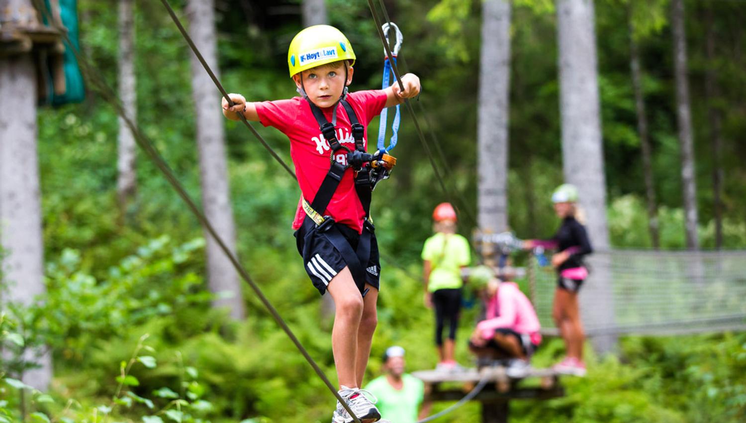 children climbing in the climbing park High and Low in Bø in Telemark