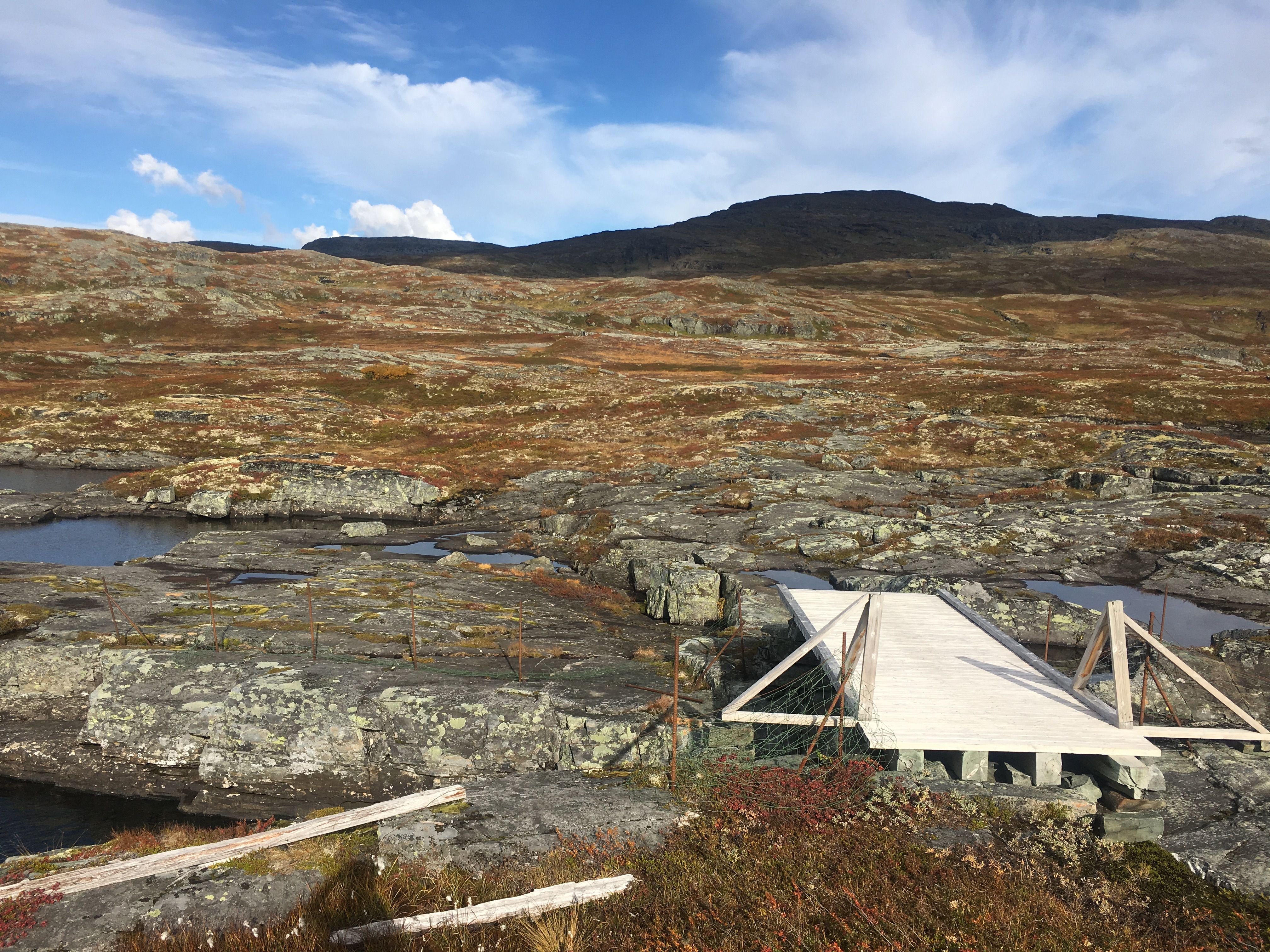 Small wooden bridge over water and rocky terrain on Hardangervidda.