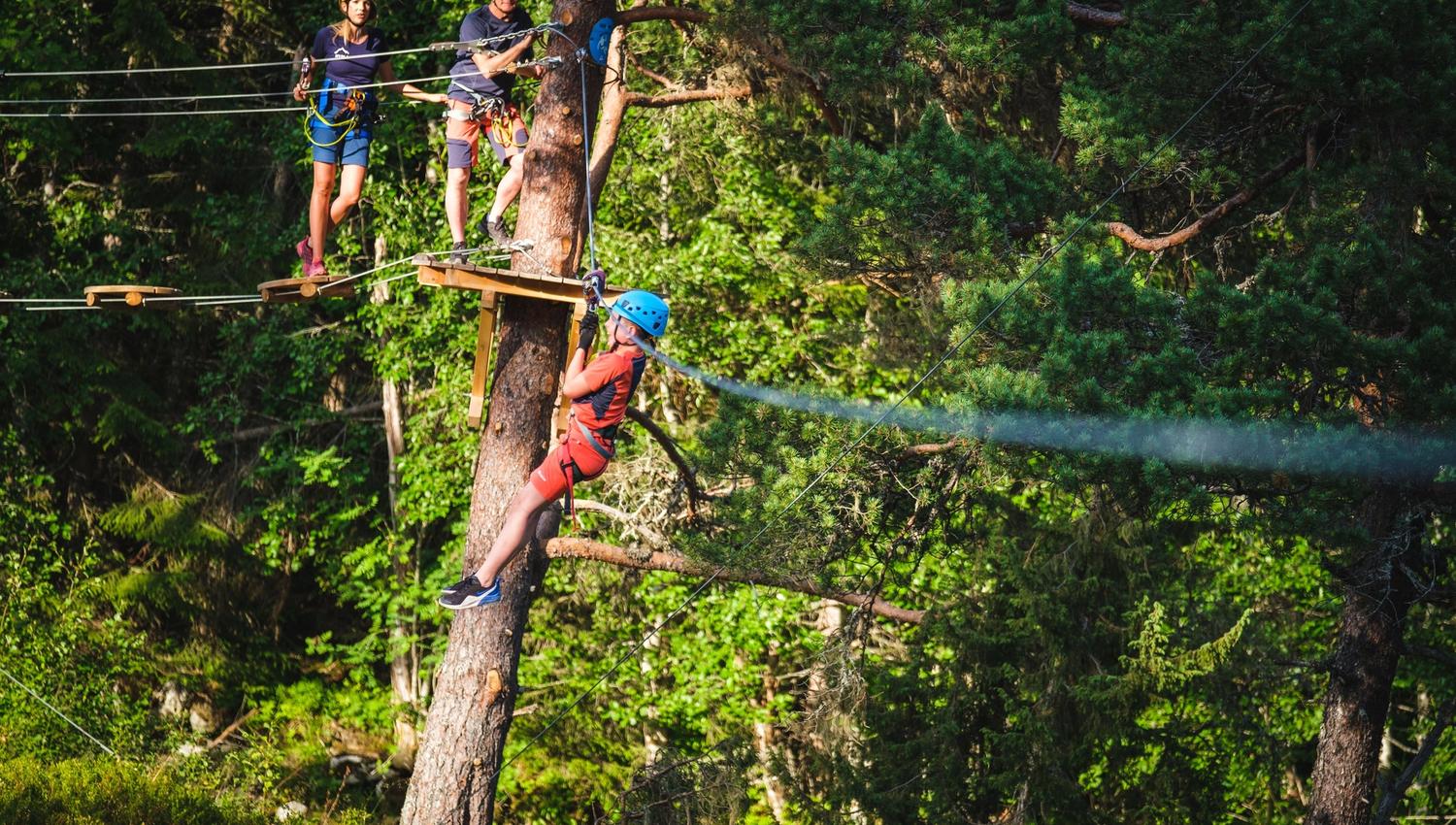 Tre personar med hjelm og sele i ein tretoppløype, ein klatrar ved ein stamme medan andre står på plattform i skogen..