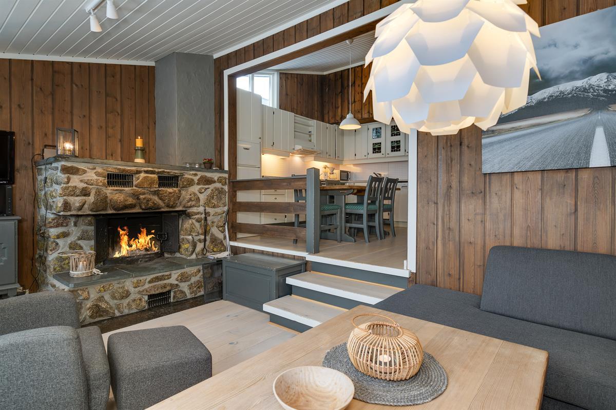 Viser fyr i peisen, relativt moderne møblert stue. Tømmervegger.