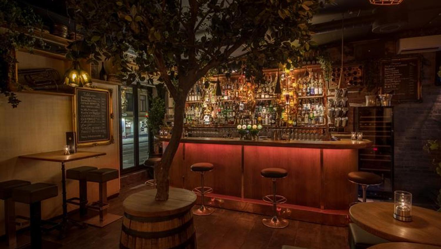 Bar interior with bar counter, bar stools, small tables and chairs, and a tree standing in a barrel in the middle of the room.