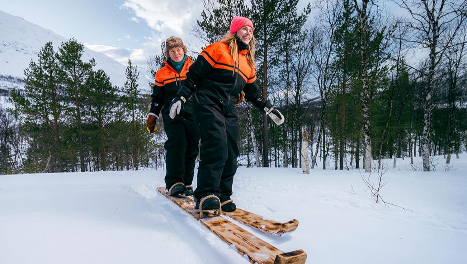 Trying out duoskis (skis that hold two people)