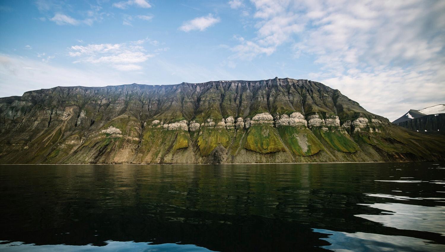A green mountain landscape along the edge of a calm fjord