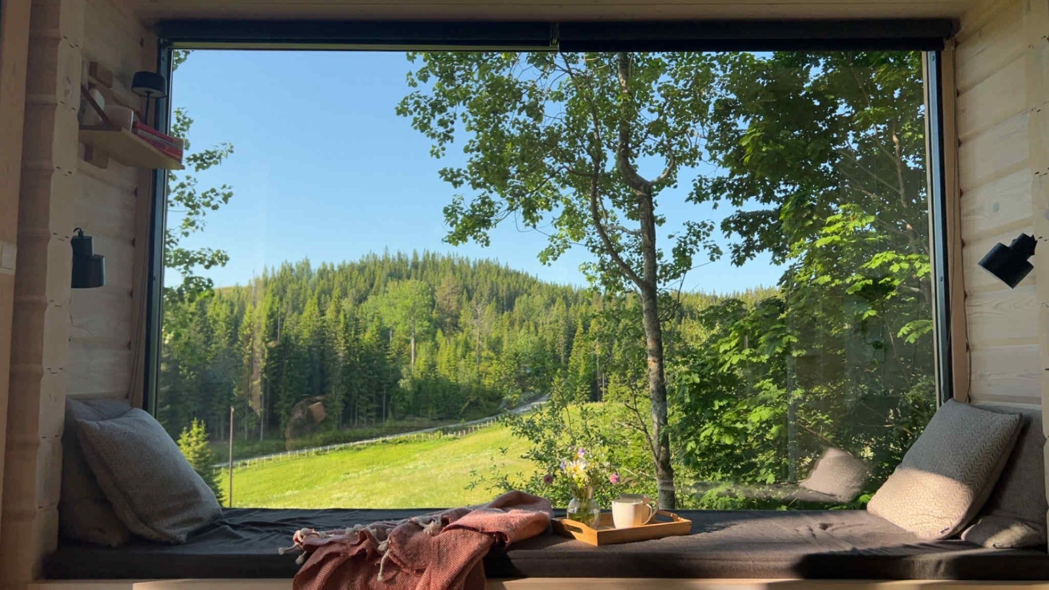 Daybed in front of a large window with views of nature, green fields, and forest in the background