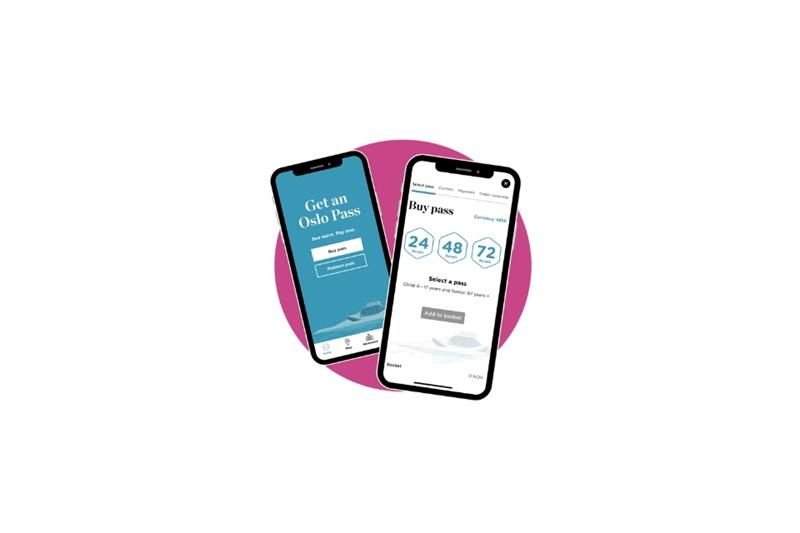 Grafikk av to telefoner med Oslo Pass-appen