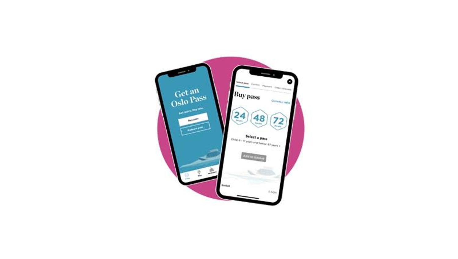 Grafikk av to telefoner med Oslo Pass-appen