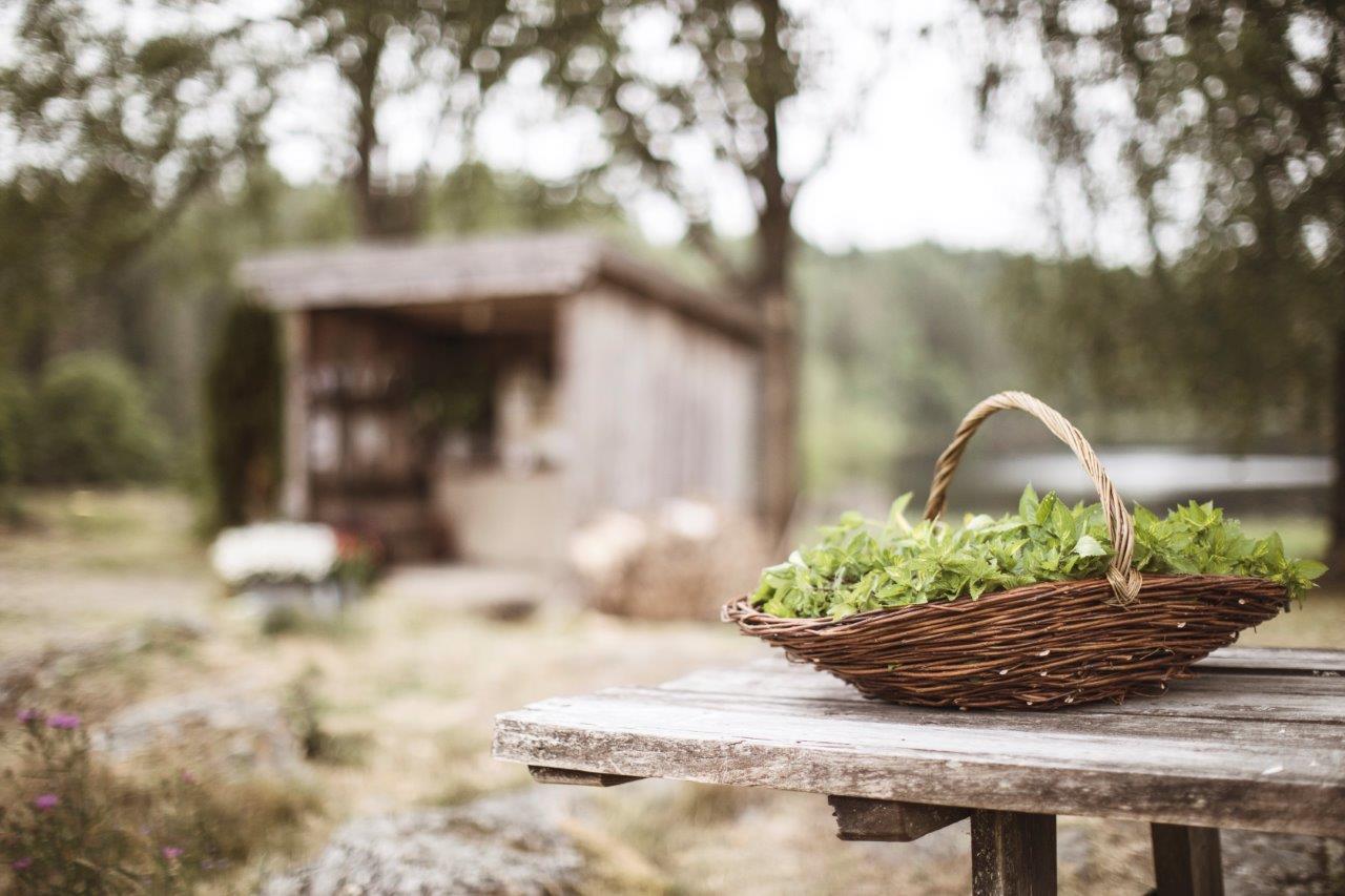 basket with flowers in front of a booth