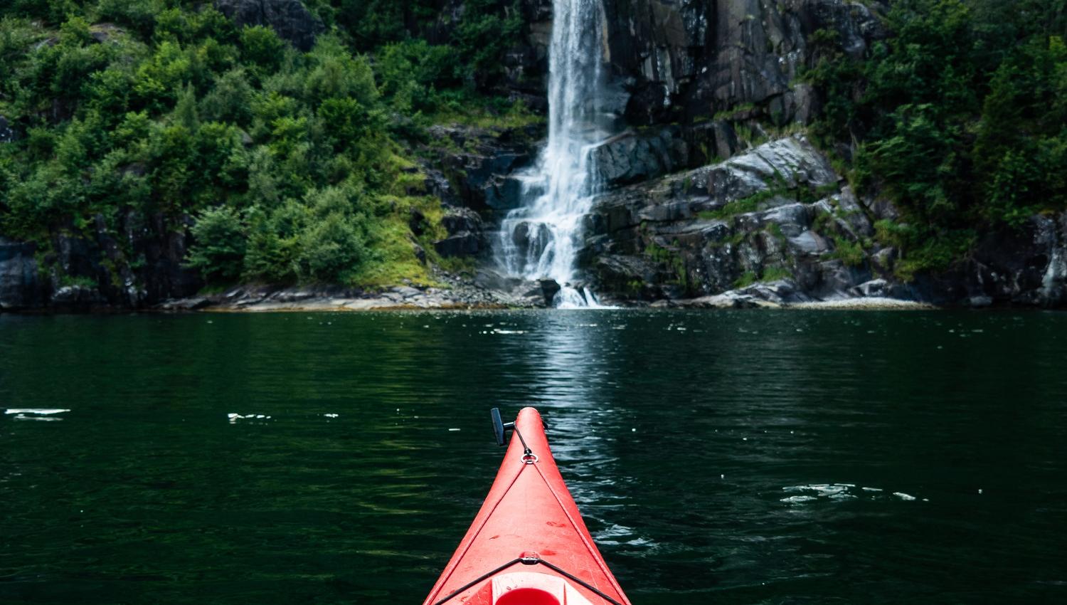 Kayaking towards the waterfall