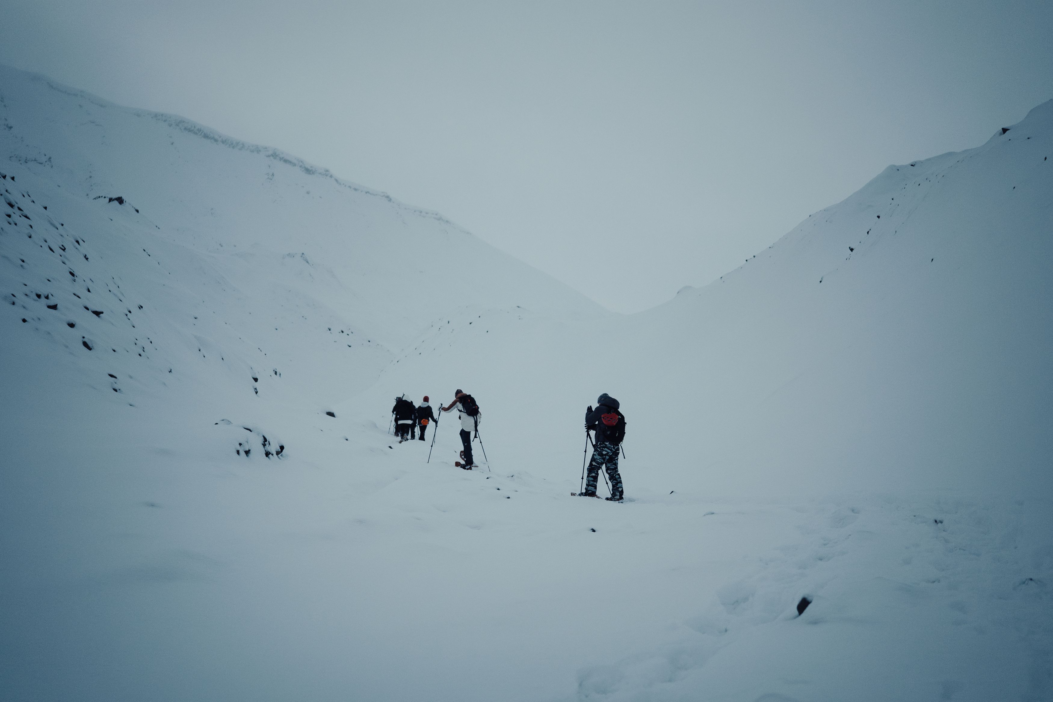 A group of people walking up a mountain with snowshoes