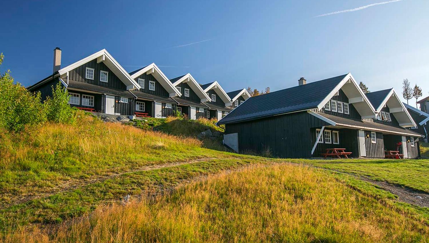 Bergo hytter med blå himmel og grønt gress