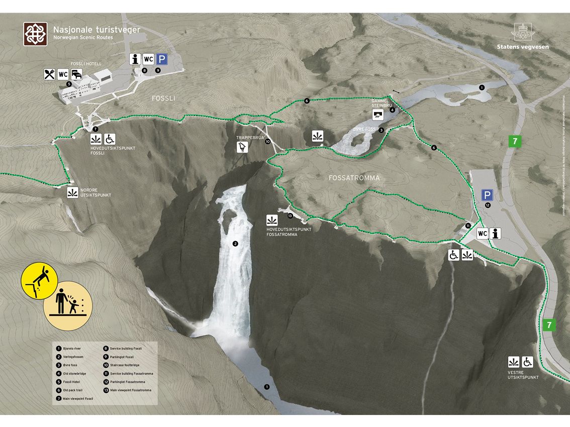 Kart som viser stiar, utsiktspunkt og parkering ved Vøringsfossen og Fossatromma.