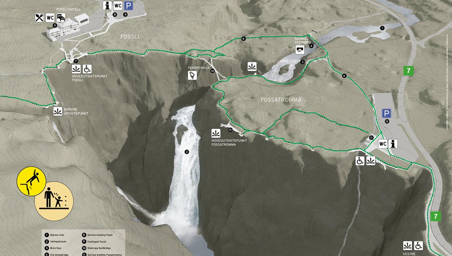 Kart som viser stiar, utsiktspunkt og parkering ved Vøringsfossen og Fossatromma.