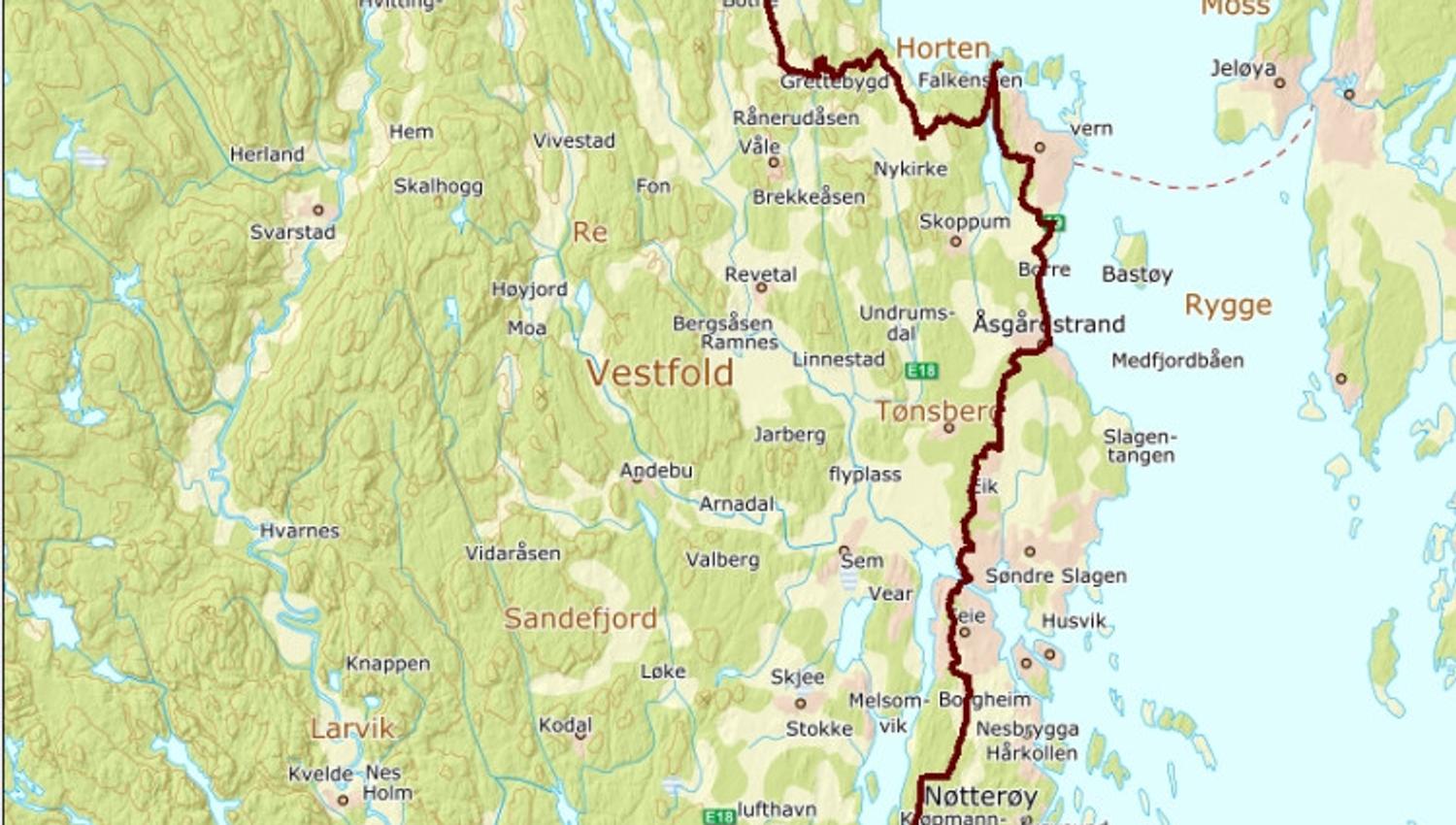 Kart over pilegrimsveien gjennom Vestfold