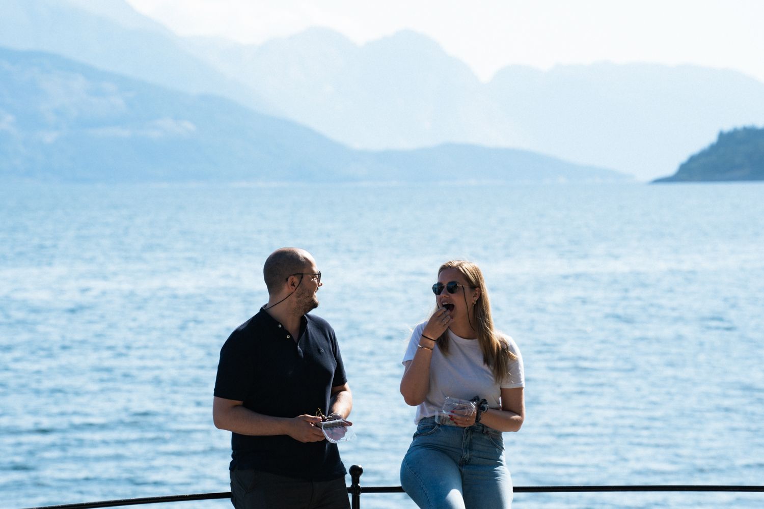 Mennesker som nyter utsikten over en fjord, med fjell i bakgrunnen og et skip i det fjerne.