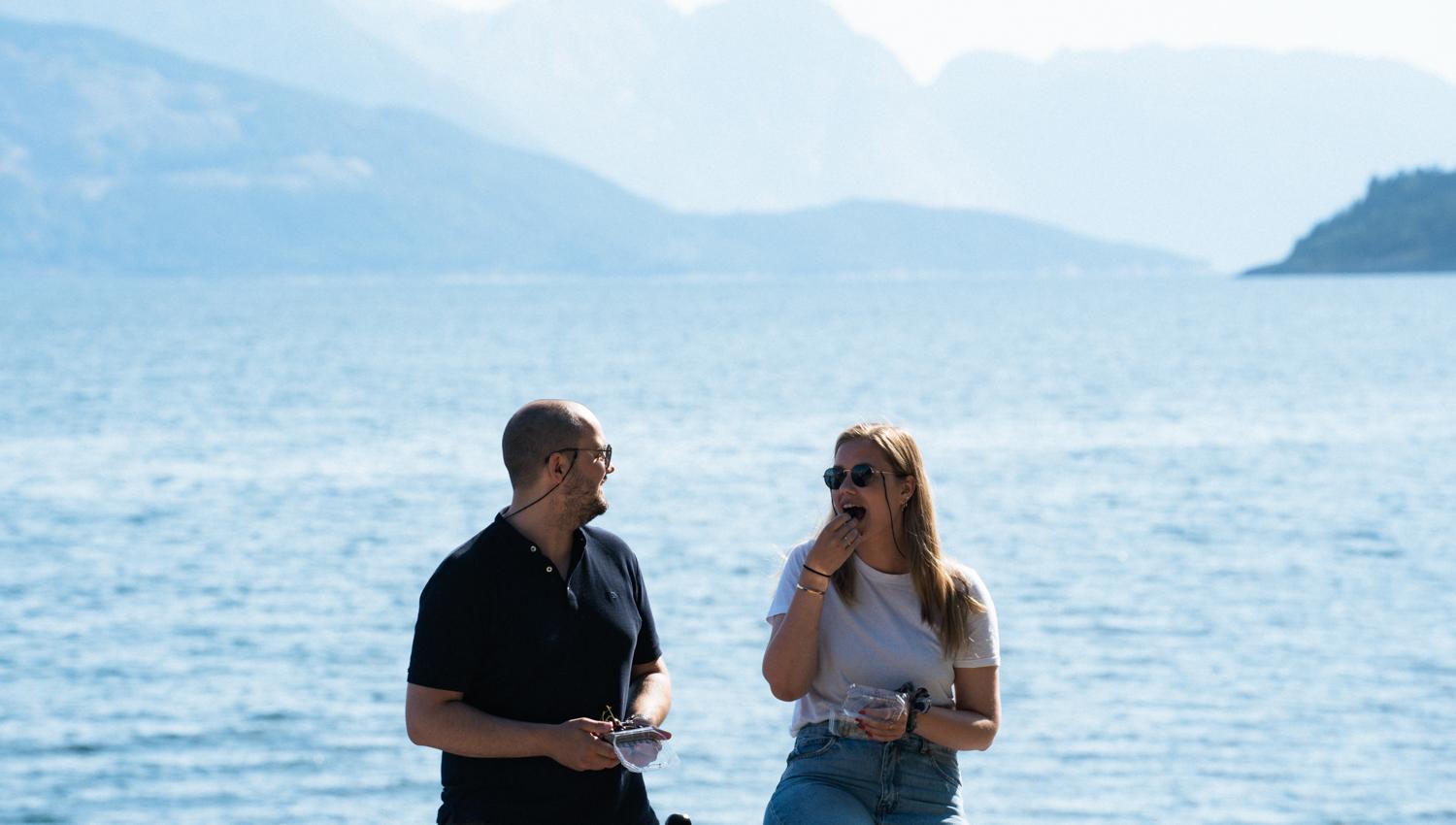 Mennesker som nyter utsikten over en fjord, med fjell i bakgrunnen og et skip i det fjerne.
