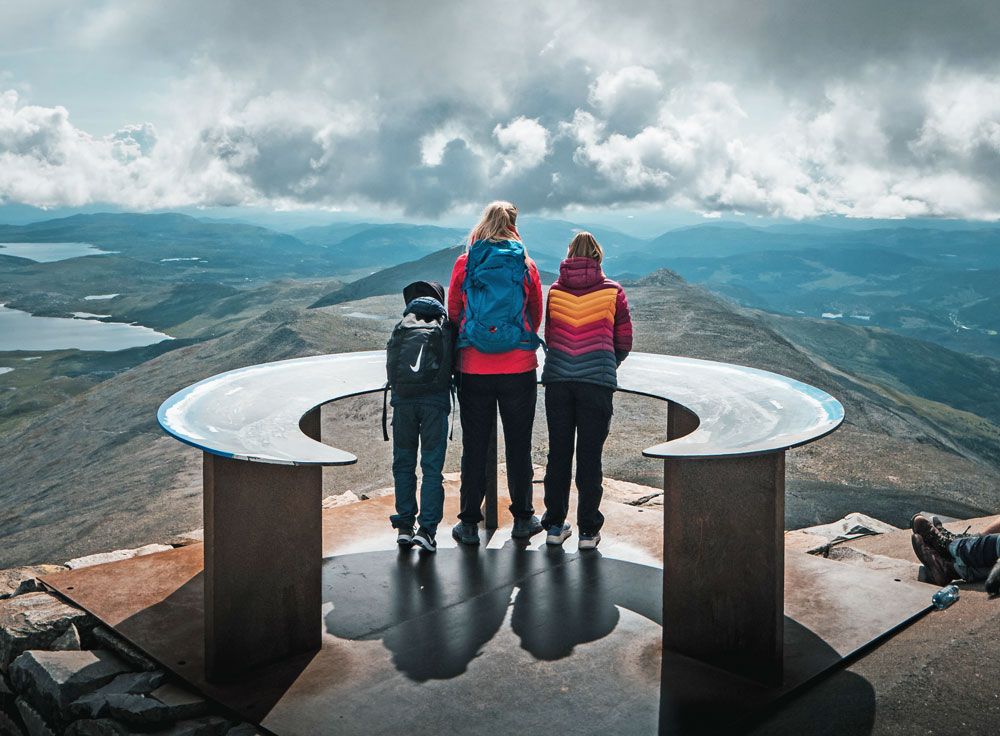 gruppe som står ved oversiktstavla på toppen av Gaustatoppen