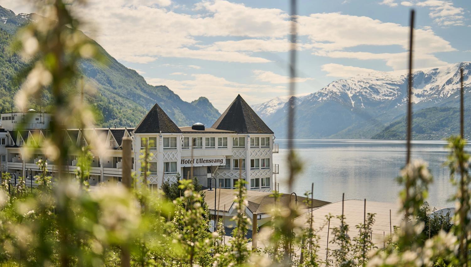 Hotel Ullensvang sett gjennom blomstrande frukttre – ein vårleg idyll ved fjorden.