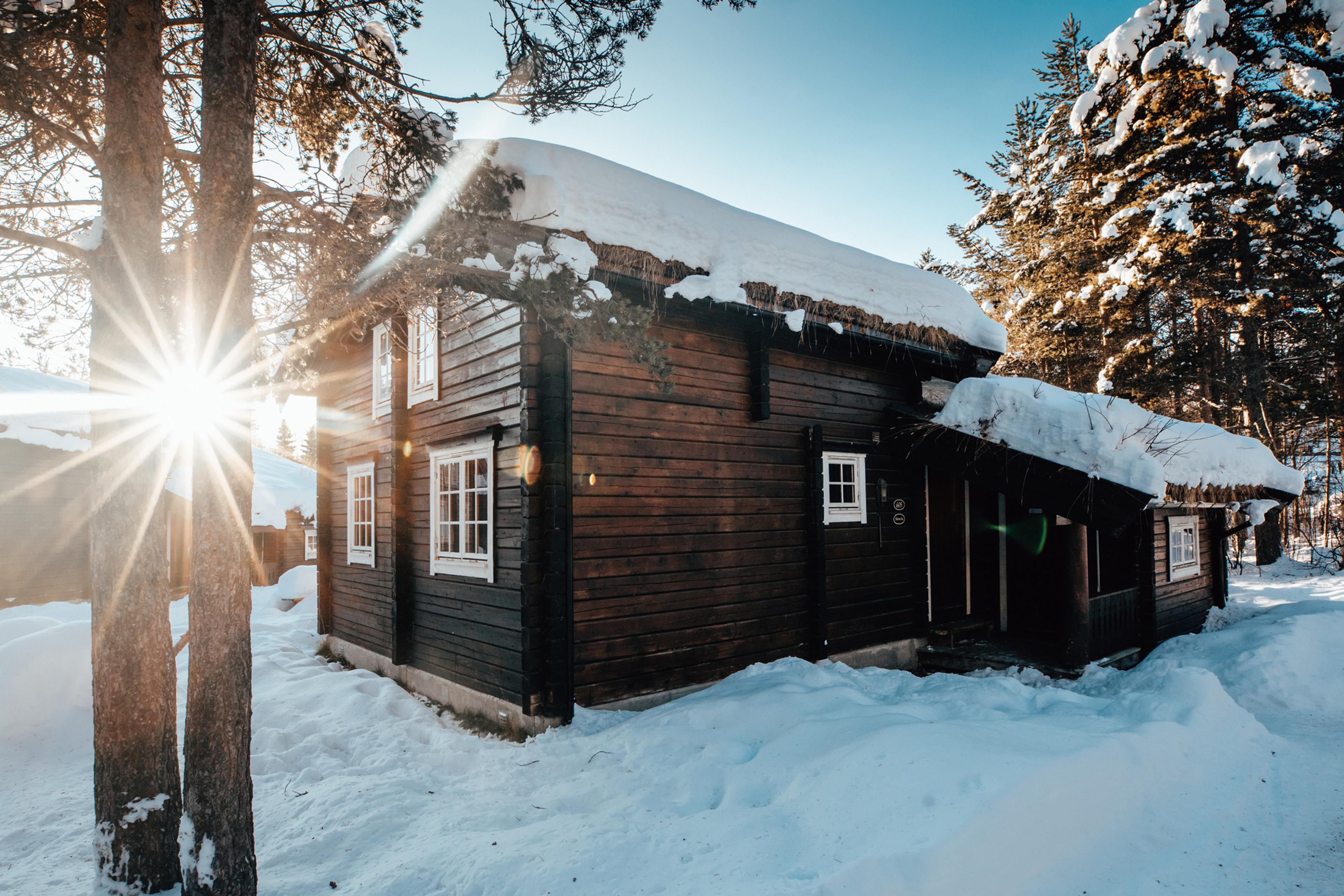 Cabin covered with snow and sun light 