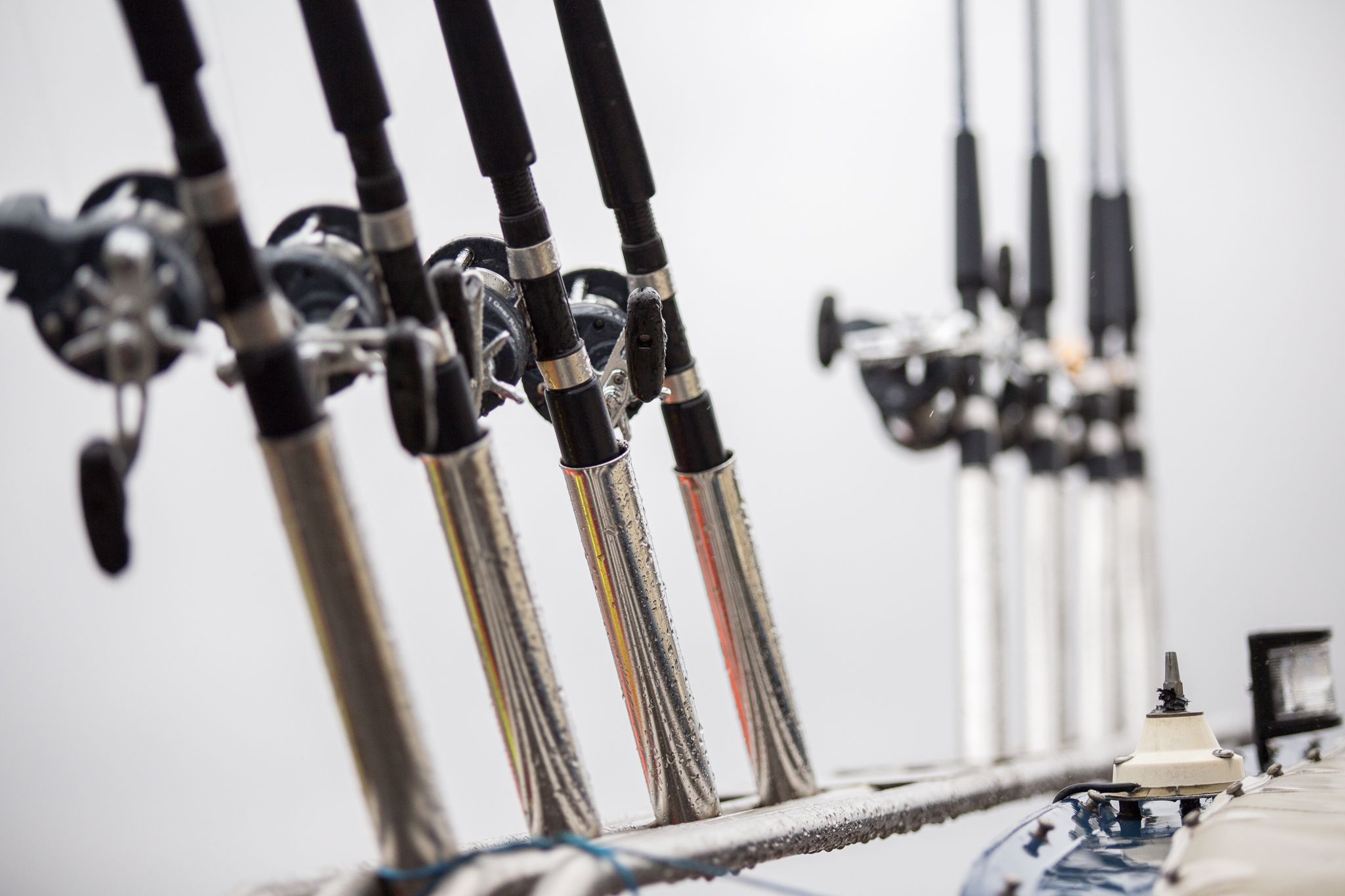 Fiskestenger på rad og rekke