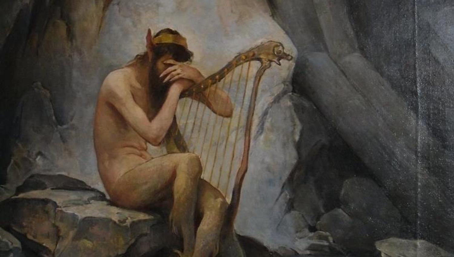 Stemningsfullt kunstverk av ein mytisk skapning som spelar harpe i eit naturleg landskap.