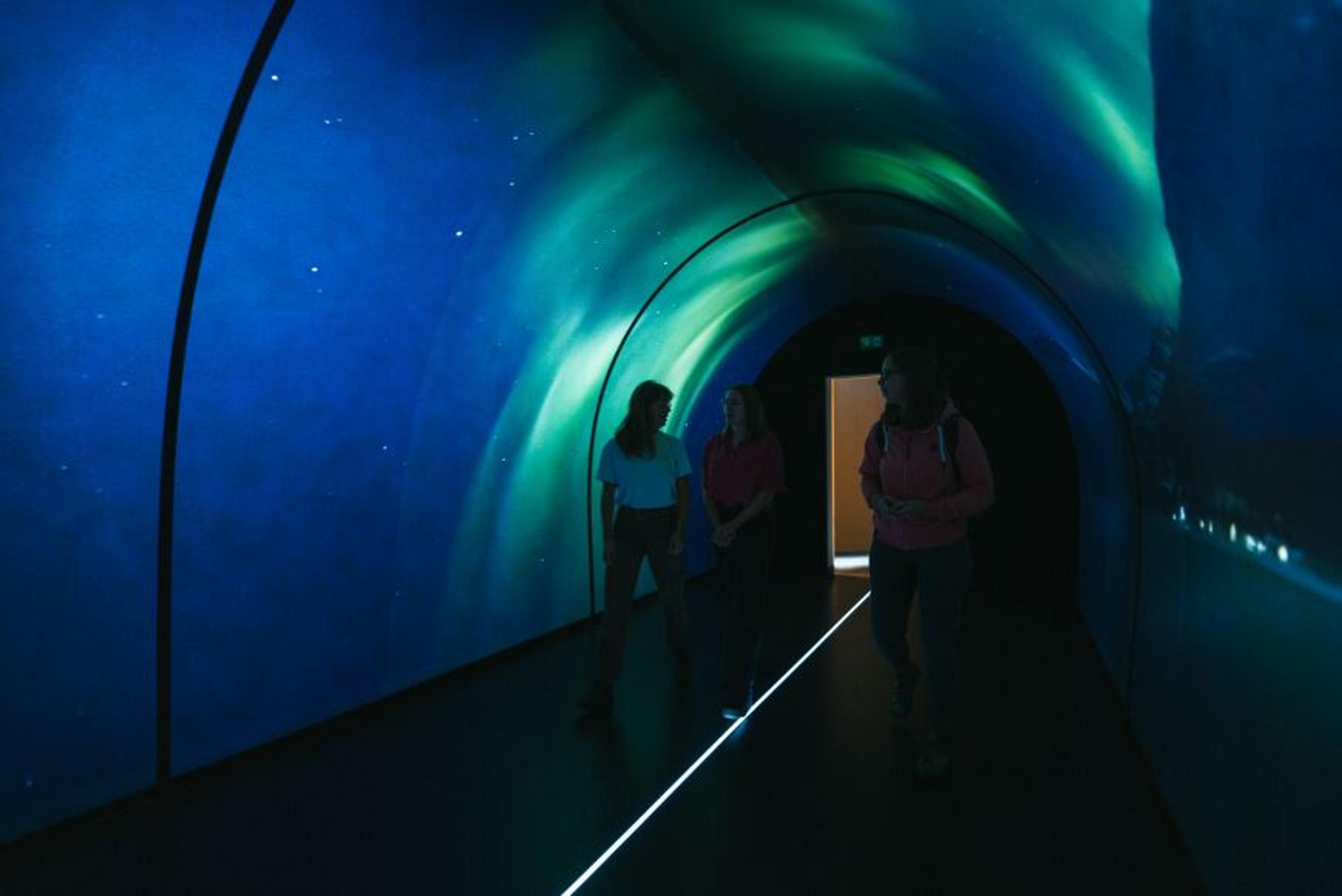 Three people walking through a tunnel lit in Northern Lights colours.