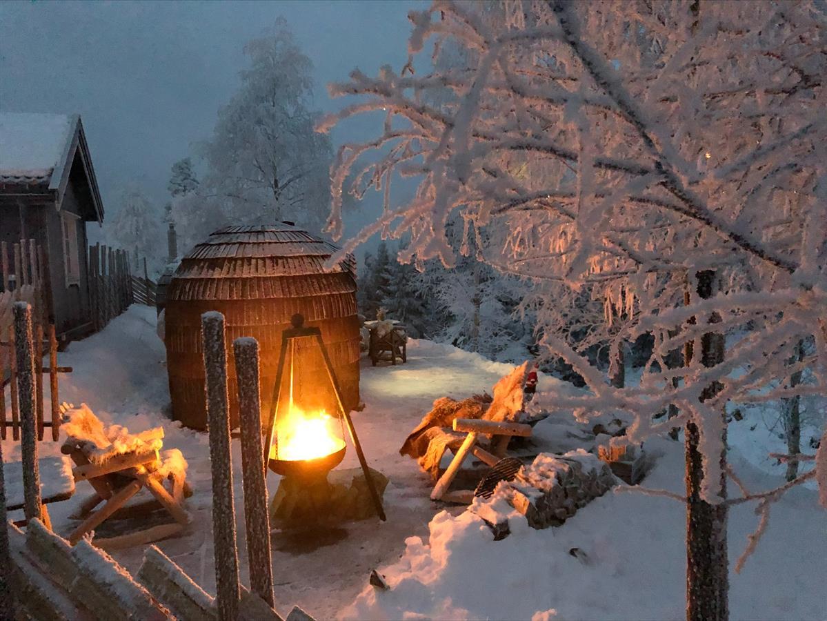 Outdoor hot tub and firepit surrounded by snow-covered trees on a winter evening.