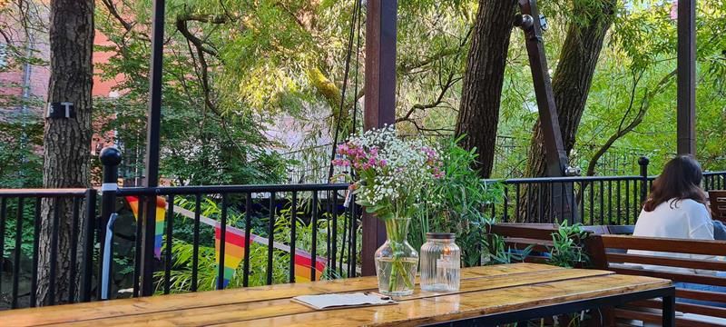 Outdoor seating by the river