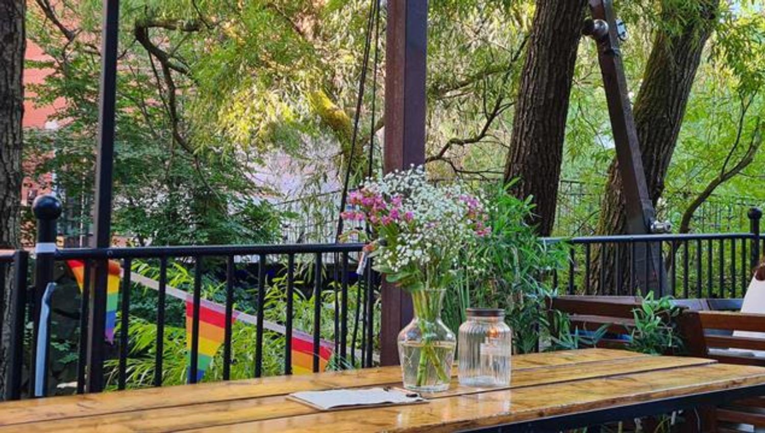 Outdoor seating by the river