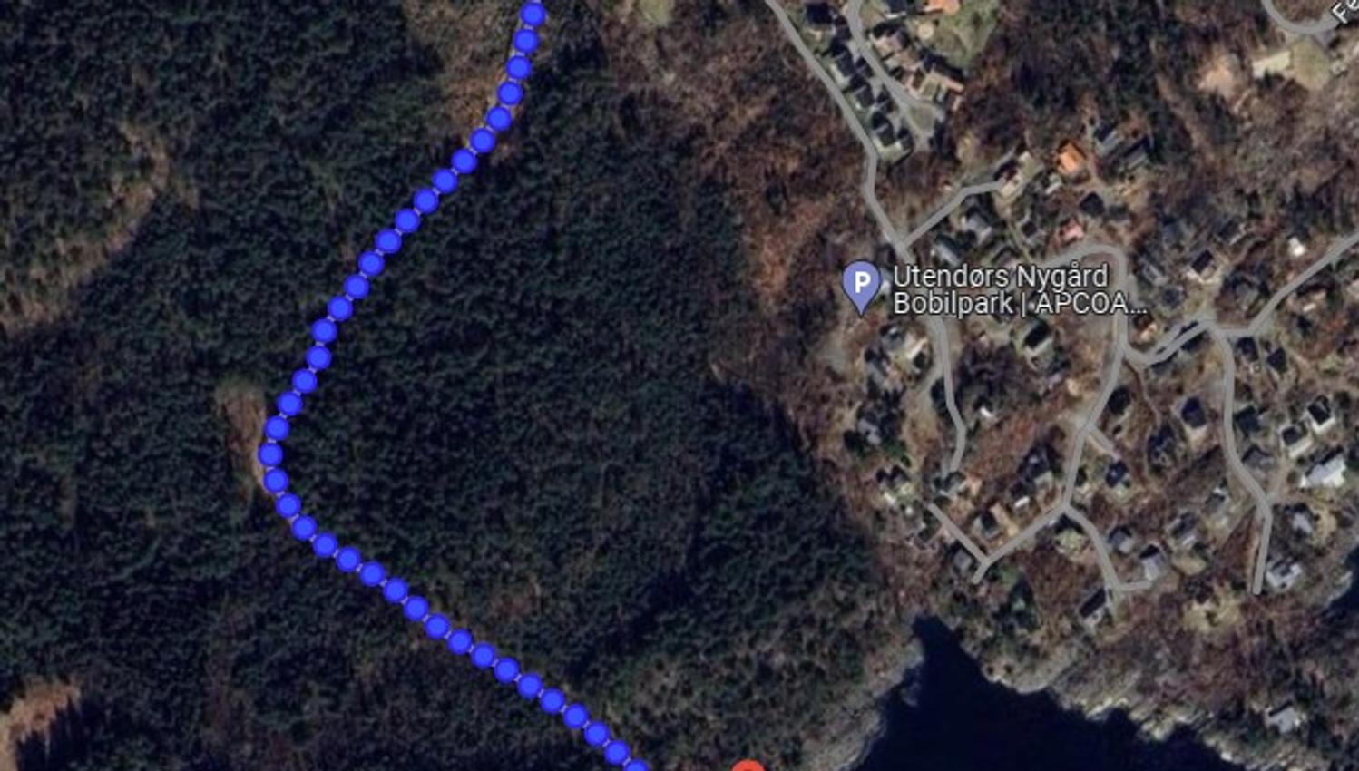 Skogssti ned til strand i Grødevigen fra Arendal Bobilparkering