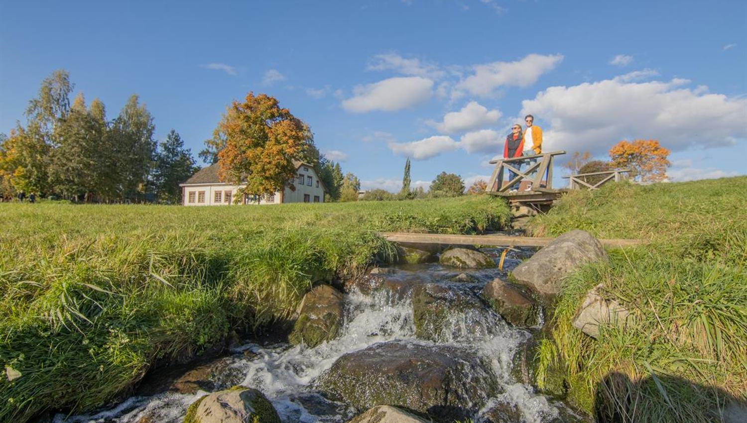 En liten bekk renner mellom steiner i et grønt landskap under blå himmel.