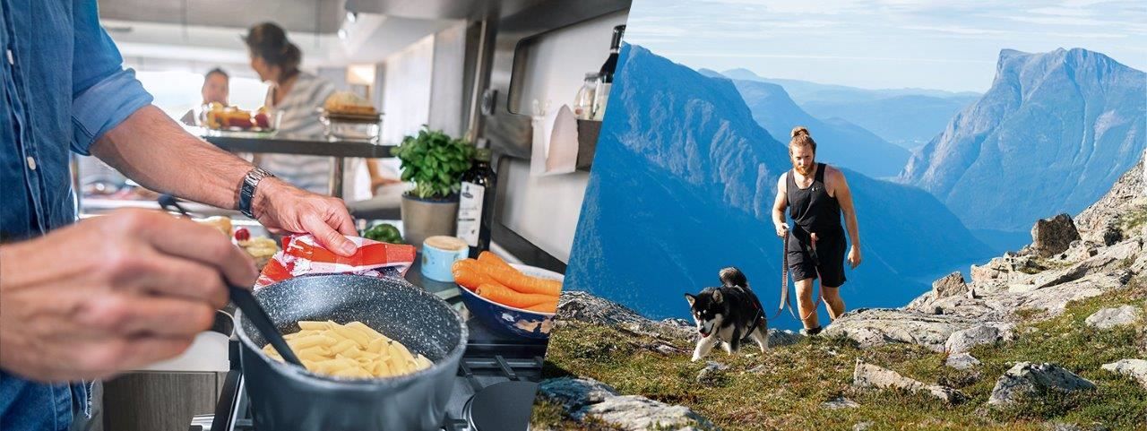 Person cooking pasta in a kitchen and person hiking with a dog in the mountains.