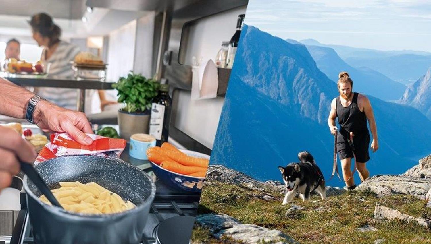 Person cooking pasta in a kitchen and person hiking with a dog in the mountains.