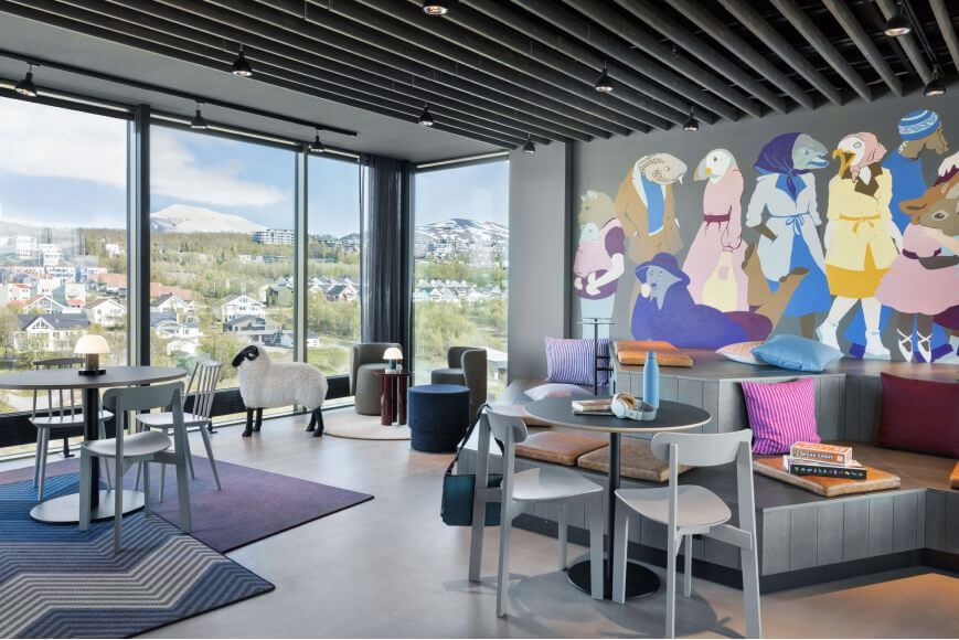 Inside the lounge at Moxy hotel.