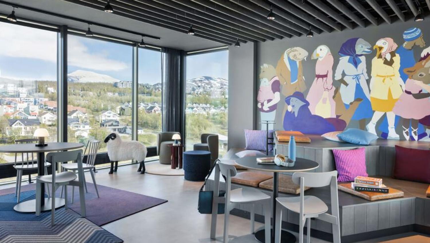 Inside the lounge at Moxy hotel.