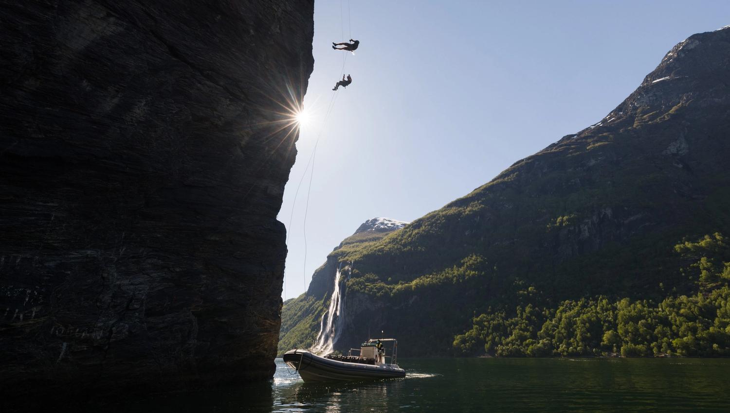 Almost down by the boat after a long rappelling