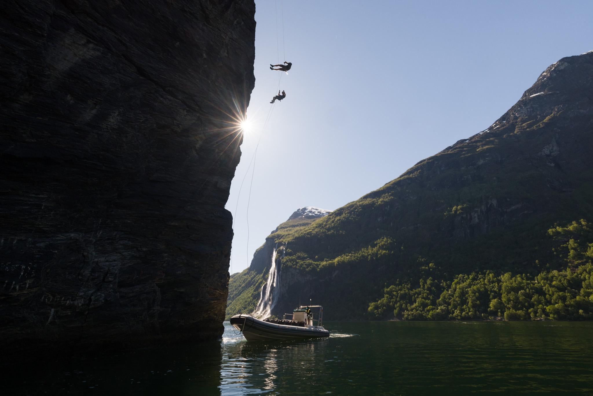 Almost down by the boat after a long rappelling