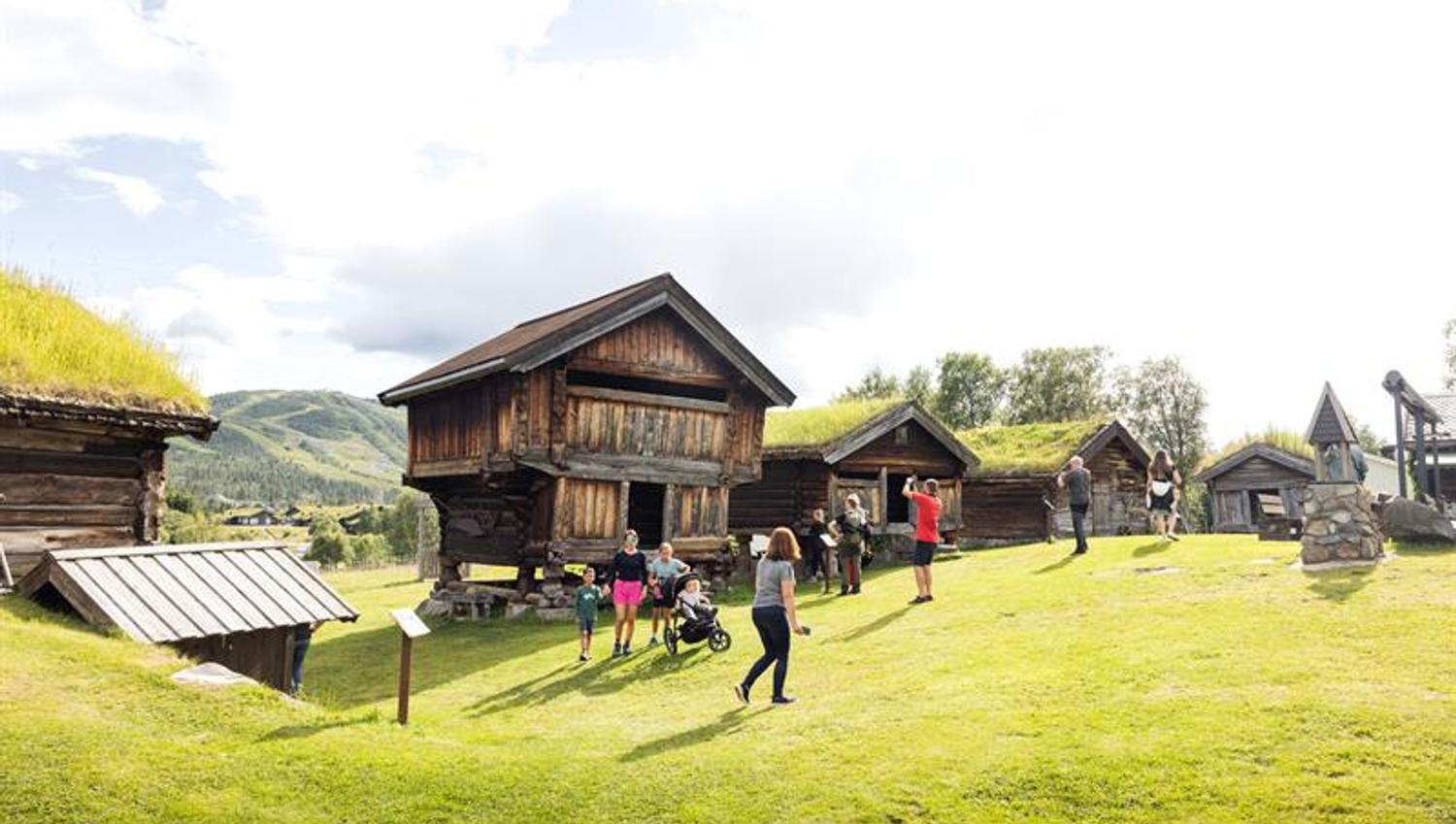 Norwegian old houses at Geilojordet and visitors in summer.