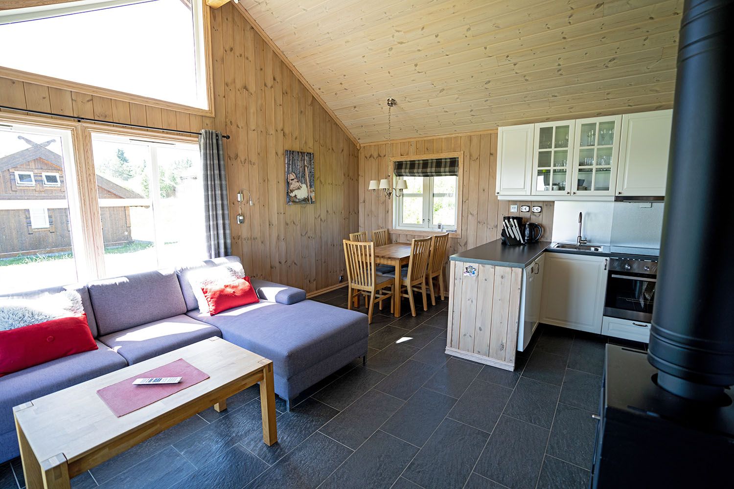 Interior of a cabin with open kitchen