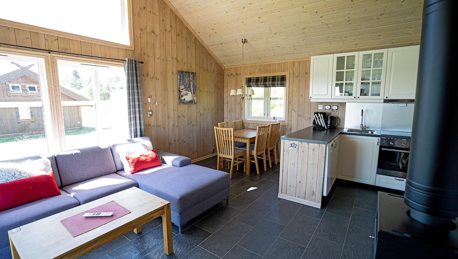 Interior of a cabin with open kitchen