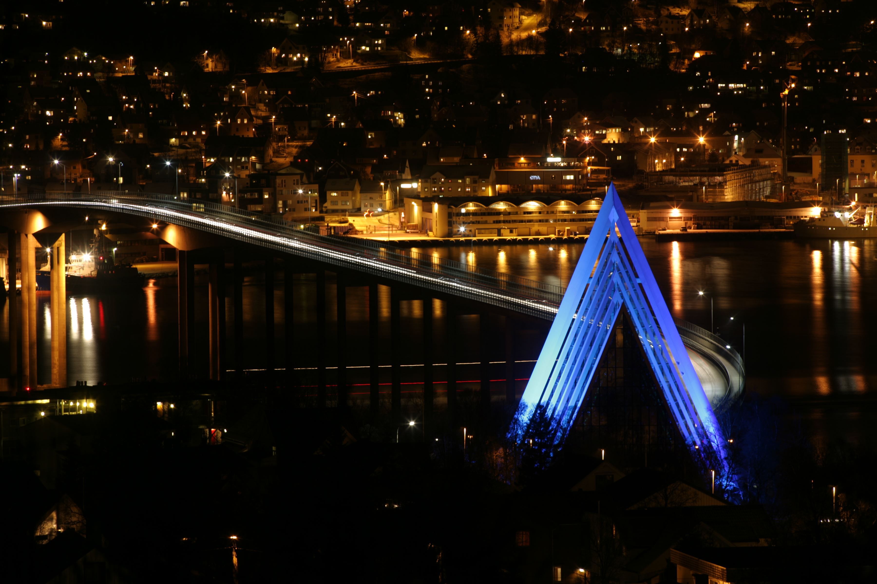The Arctic Cathedral in blue lighting at night