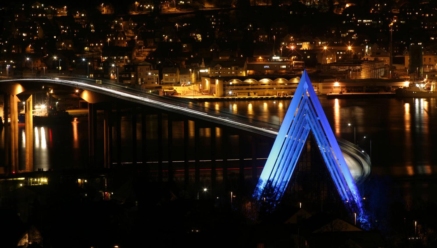The Arctic Cathedral in blue lighting at night