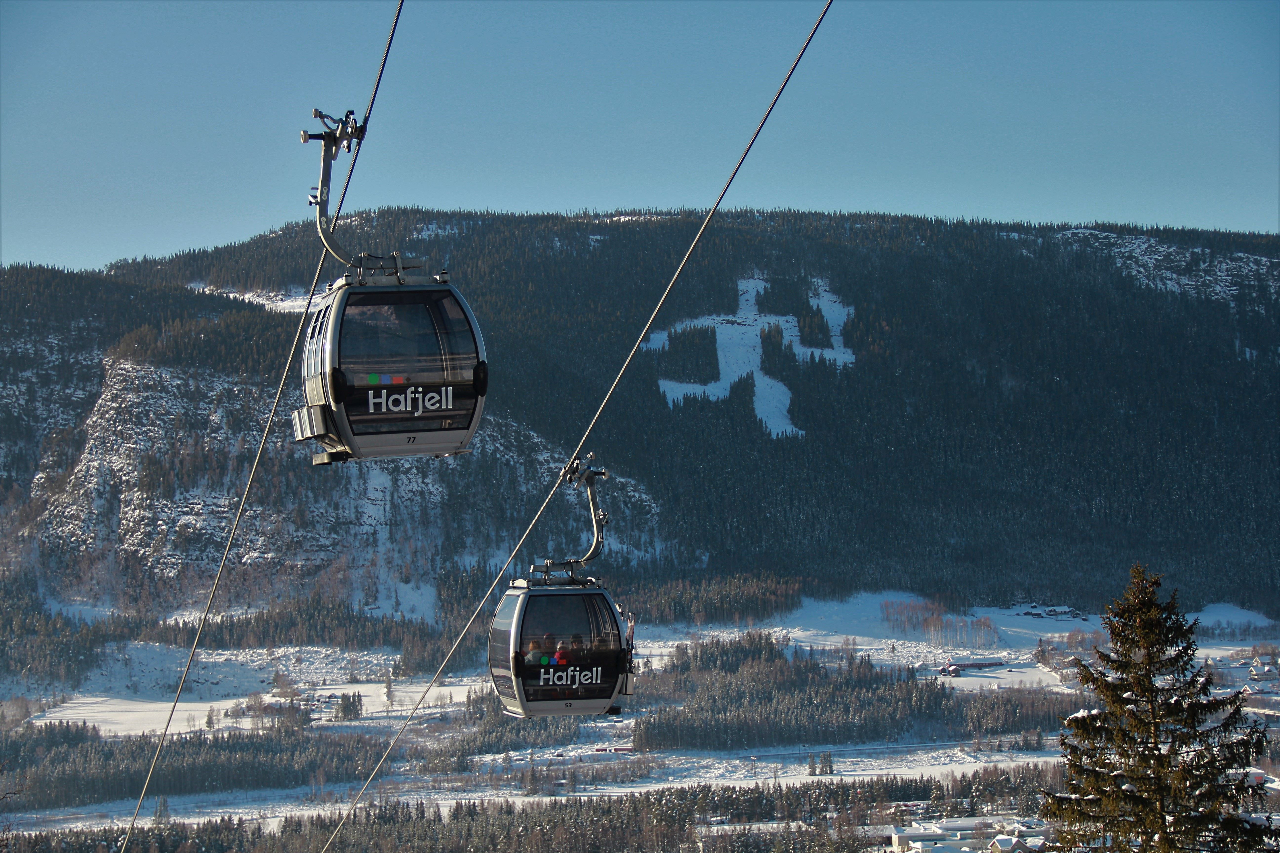 To gondolvogner henger i vaiere over et vinterlandskap med skogkledd fjell, snø og klar blå himmel..