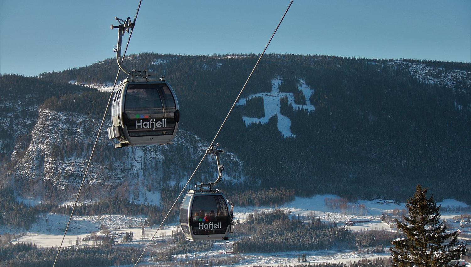To gondolvogner henger i vaiere over et vinterlandskap med skogkledd fjell, snø og klar blå himmel..