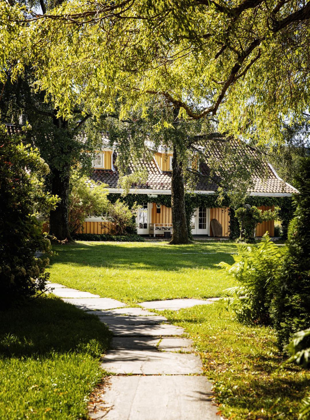 Green garden with yellow house in the background