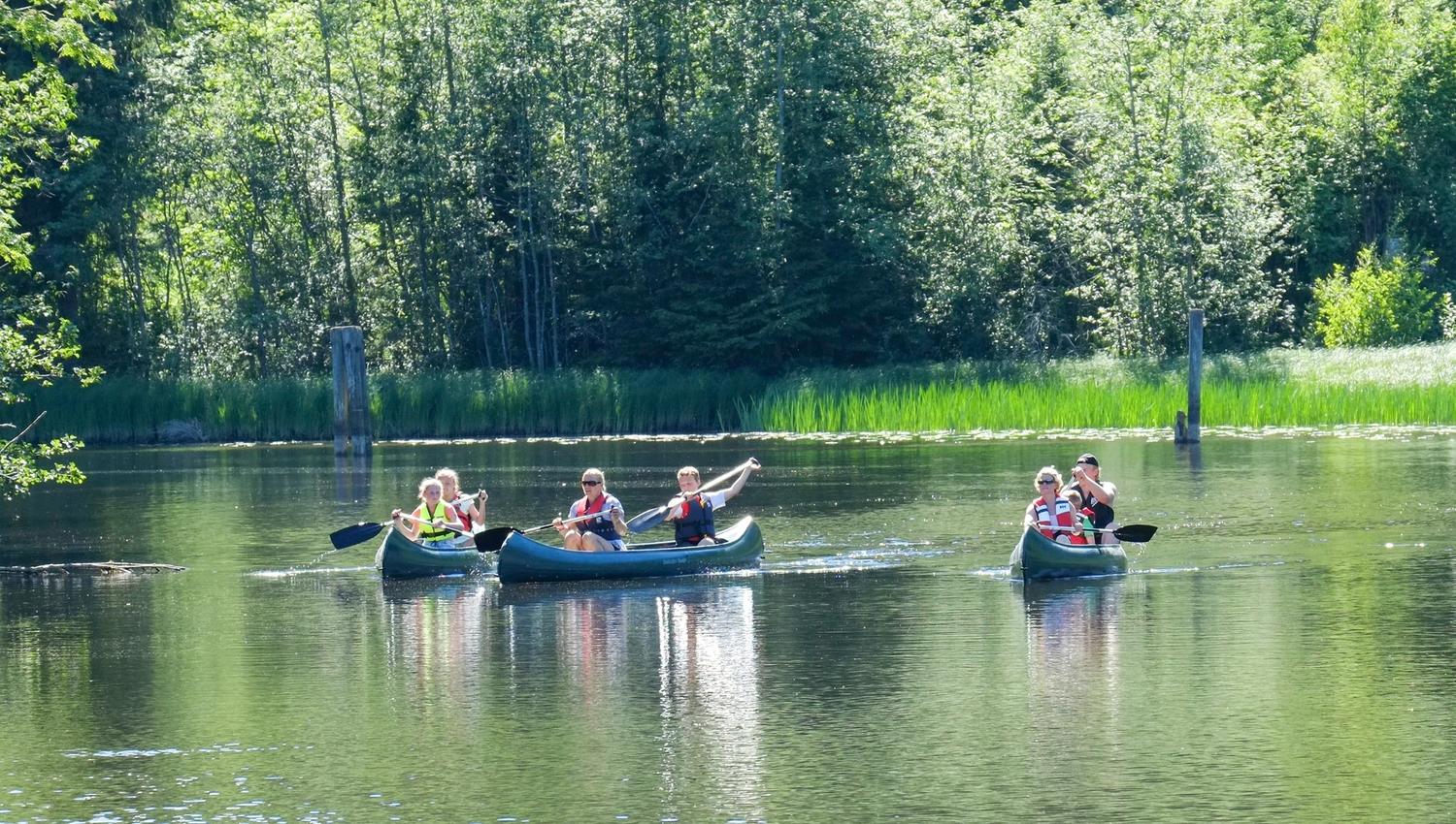 Tre kanoer som padler