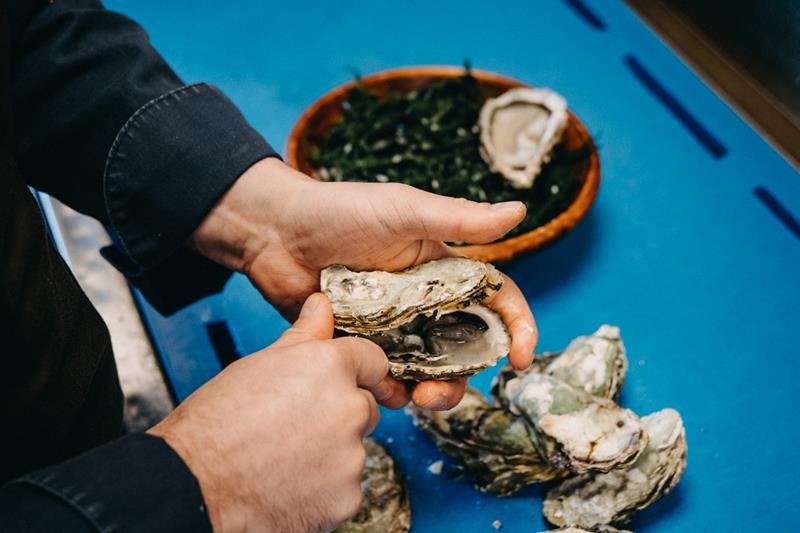Oysters are opened on a blue board.